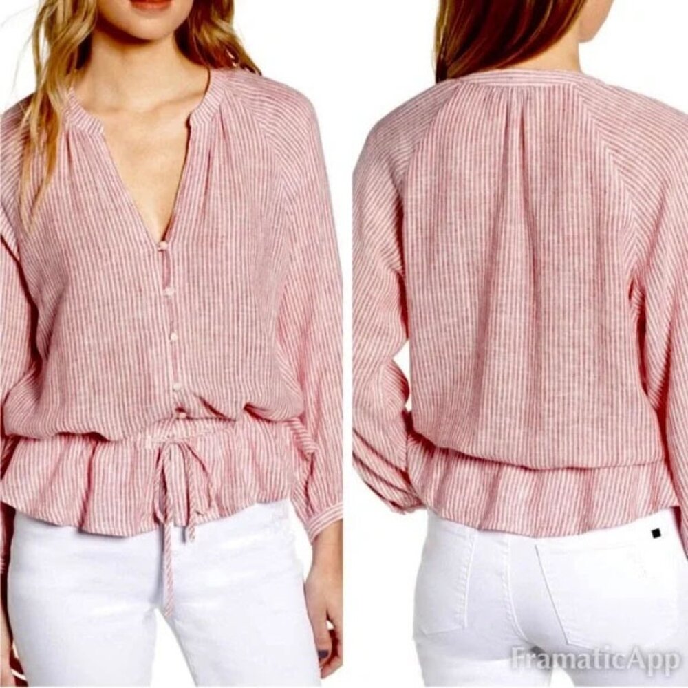 Rails Marti Scarlet Stripe Blouse S Linen Blend V Neck Tie Waist Coastal $158 - Picture 2 of 15